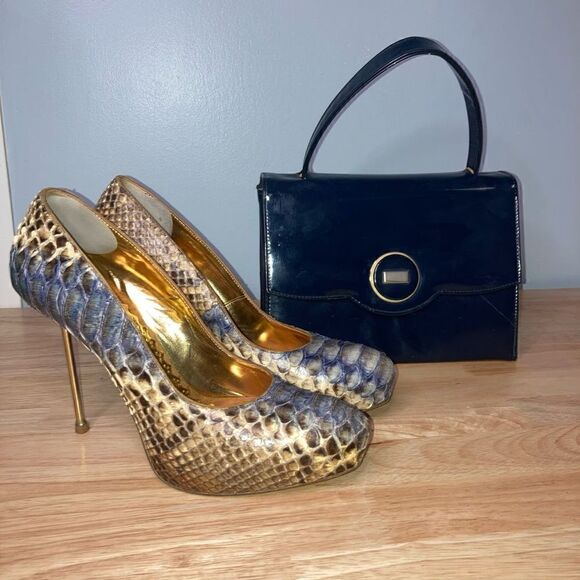 Francesco Sacco, Authentic & Exotic Python Snakeskin Gold Metal Spike Stilettos - Picture 4 of 14